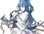  1girl arknights bangs blue_hair closed_mouth coat commentary_request dragon_horns hair_between_eyes highres horns joshua_(shisanli934) ling_(arknights) long_hair looking_at_viewer pointy_ears simple_background sketch smile solo upper_body v-shaped_eyebrows very_long_hair violet_eyes white_background white_coat 