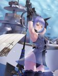  1girl air_bubble armpits arms_up azur_lane black_legwear black_leotard blue_hair breasts bubble detached_wings dress gascogne_(azur_lane) gauntlets headgear highres holding holding_polearm holding_weapon leotard looking_at_viewer mechanical_halo mechanical_wings medium_breasts polearm rigging see-through_dress short_hair sleeveless sleeveless_dress solo syu.mu thigh-highs two-tone_dress weapon wings yellow_eyes zettai_ryouiki 
