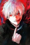  1boy black_sclera blood blood_in_hair blood_on_face bright_pupils clothes_pull colored_sclera hair_between_eyes highres kagune_(tokyo_ghoul) kaneki_ken looking_at_viewer male_focus noroma02 parted_lips red_eyes smile solo tokyo_ghoul white_hair white_pupils 