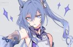 1girl angry armpits artist_name china_dress chinese_clothes double_bun dress genshin_impact grey_background hair_ornament hairpin jewelry keqing_(genshin_impact) long_hair necklace open_mouth purple_hair simple_background solo sparkle ueauwa upper_body violet_eyes