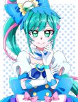  1girl :d blue_bow blue_hair blush bow brooch chidjimi cure_spicy delicious_party_precure detached_collar earrings fuwa_kokone gloves green_eyes hair_bow hair_ornament hair_rings heart heart_brooch highres jewelry long_hair looking_at_viewer magical_girl multicolored_hair open_mouth pink_hair ponytail precure puffy_sleeves smile solo two-tone_hair upper_body white_gloves 