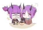  2girls :o arknights bangs black_jacket black_shirt blue_shirt blush_stickers book bowl chibi collared_shirt eyebrows_visible_through_hair feeding hair_bun hibiscus_(arknights) holding holding_book holding_spoon horns jacket lava_(arknights) layered_sleeves long_sleeves multiple_girls open_book open_mouth parted_bangs pointy_ears purple_hair shirt short_over_long_sleeves short_sleeves siblings simple_background sisters spikes spoon sweat toufu_mentaru_zabuton turn_pale twintails violet_eyes white_background 
