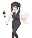  1girl :d absurdres arthropod_girl bangs bare_shoulders black_hair black_legwear blush bottle breasts cherry clenched_hand cocktail_glass cup drinking_glass extra_arms fang food fruit highres looking_at_viewer monster_girl necktie original pencil_skirt shot_glass simple_background skirt sleeveless smile solo spider_girl twintails urrrt vest white_background wrist_cuffs 