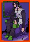  1boy abs_cutout black_hair book hex_tails highres holding holding_book illuso jojo_no_kimyou_na_bouken karabako knee_pads male_focus mirror padded_pants padded_shirt padded_vest pencil sitting solo vento_aureo 