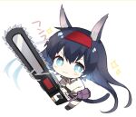  1girl :3 animal_ears arknights bangs black_footwear black_gloves black_hair blaze_(arknights) blush boots cat_ears cat_girl cat_tail chainsaw chibi closed_mouth eyebrows_visible_through_hair full_body gloves grey_legwear hair_between_eyes hairband holding jacket long_hair red_hairband simple_background solo sparkle tail toufu_mentaru_zabuton translation_request v-shaped_eyebrows very_long_hair white_background white_jacket 
