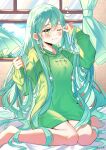  1girl akane_yuki_(yukito0306) alternate_costume aqua_eyes aqua_hair bare_legs barefoot bed bedroom blush closed_mouth diffraction_spikes eyebrows_visible_through_hair green_hoodie hair_between_eyes hair_down hatsune_miku highres hood hoodie indoors long_hair long_sleeves looking_ahead messy_hair morning naked_hoodie one_eye_closed open_window oversized_clothes sitting sky sleeves_past_wrists solo sparkle spring_onion_print tearing_up very_long_hair vocaloid waking_up wariza wavy_mouth window 