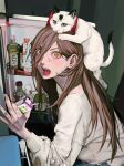  +_+ 1girl animal_on_head brown_hair cat cat_on_head chainsaw_man commentary demon_horns english_commentary fangs hair_between_eyes highres horns indoors juice_box leedare614 long_hair long_sleeves looking_at_viewer meowy_(chainsaw_man) on_head open_mouth photo-referenced power_(chainsaw_man) refrigerator shirt solo squatting surprised sweatdrop teeth tongue upper_body white_shirt wide-eyed yellow_eyes 