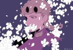  1boy 723_(tobi) bangs blonde_hair braid braided_ponytail covering_mouth earrings flower giorno_giovanna jacket jewelry jojo_no_kimyou_na_bouken long_hair petals pink_jacket purple_background simple_background solo twitter_username vento_aureo violet_eyes white_flower 