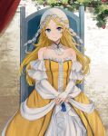  1girl adapted_costume alternate_costume alternate_hairstyle bare_shoulders blonde_hair blue_eyes breasts bridal_gauntlets collarbone detached_collar dress elbow_gloves eyebrows_visible_through_hair fire_emblem fire_emblem_awakening gloves haru_(nakajou-28) highres lissa_(fire_emblem) long_dress long_hair looking_at_viewer small_breasts smile solo stone_wall strapless strapless_dress tree wall white_gloves yellow_dress 