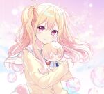  1girl blonde_hair bubble cardigan character_doll closed_mouth clouds doll dot_nose eyebrows_visible_through_hair eyelashes floating_hair hair_between_eyes highres kanjyu0919 light_blush looking_at_viewer neckerchief object_hug pastel_colors pink_background pink_eyes pink_theme project_sekai red_neckerchief sailor_collar sidelocks simple_background sleeves_past_wrists smile solo star_(symbol) stuffed_toy tenma_saki tenma_tsukasa triangle tsurime twintails wavy_hair white_sailor_collar yellow_cardigan 