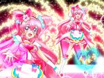  1girl :d blush choker commentary_request cure_precious delicious_party_precure earrings eyelashes hair_ornament hair_ribbon happy highres jewelry long_hair luna_rune magical_girl nagomi_yui pink_choker pink_hair pink_theme precure ribbon simple_background sketch smile solo violet_eyes 