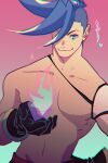  1boy blue_eyes blue_hair chromatic_aberration detached_sleeves fire galo_thymos gloves gradient gradient_background green_background green_fire highres jonya male_focus pectorals promare purple_background purple_fire pyrokinesis sidecut single_detached_sleeve smile solo spiky_hair topless_male translated 