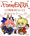  1boy 2girls ahoge animal_ear_fluff animal_ears archer_(fate) bangs blonde_hair blue_bow blue_kimono blue_legwear bow braid chibi clenched_hands closed_eyes closed_mouth commentary_request dark-skinned_male dark_skin detached_sleeves dress eyebrows_visible_through_hair fate/extra fate_(series) fox_ears fox_girl fox_tail french_braid hair_bow hair_bun hair_intakes heart japanese_clothes kimono light_blush multiple_girls nero_claudius_(fate) nero_claudius_(fate/extra) obi open_mouth pink_hair red_bow red_dress sash sidelocks simple_background smile sparkle split_ponytail standing standing_on_one_leg tail tamamo_(fate) tamamo_no_mae_(fate/extra) teeth thigh-highs translation_request v wada_arco white_background white_hair wide_sleeves zettai_ryouiki 