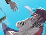  2boys bangs checkered_clothes checkered_scarf danganronpa_(series) danganronpa_v3:_killing_harmony from_side green_background grey_jacket hands_on_own_face hands_up highres jacket long_sleeves male_focus medium_hair multiple_boys nikuniku_ore ouma_kokichi outstretched_hand pink_jacket saihara_shuuichi scarf shiny shiny_hair solo_focus space_print starry_sky_print 