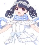  1girl bangs black_hair commentary_request dress fangs flower_wreath fukumaru_koito highres idolmaster idolmaster_shiny_colors looking_at_viewer medium_hair nagi_uru open_mouth scarf skin_fangs solo twintails upper_body violet_eyes white_background white_dress 