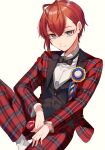  1boy blue_eyes flannel formal highres kenpin looking_at_viewer looking_to_the_side necktie pale_skin redhead riddle_rosehearts school_uniform solo striped suit twisted_wonderland 