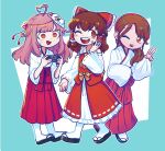  3girls @_@ ahoge bangs black_footwear blush bow brown_eyes brown_hair commentary_request controller cookie_(touhou) detached_sleeves eyebrows_visible_through_hair frilled_bow frilled_hair_tubes frills full_body geta hair_bow hair_over_shoulder hair_tubes hakama hakama_skirt hakurei_reimu heart_ahoge highres hita_(hizokuseikogeki) holding holding_controller indie_virtual_youtuber japanese_clothes kanna_(cookie) long_hair looking_at_viewer mask mask_on_head medium_hair miko multiple_girls multiple_persona one_eye_closed open_mouth petticoat ponytail red_bow red_shirt red_skirt ribbon-trimmed_sleeves ribbon_trim round_teeth sandals shirt skirt sleeveless sleeveless_shirt smile socks tabi teeth touhou v virtual_youtuber white_shirt white_sleeves 