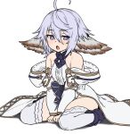  1girl :o ahoge animal_ears bangs bare_shoulders between_legs center_frills commentary_request eyebrows_visible_through_hair frills granblue_fantasy hair_between_eyes hand_between_legs houtengeki light_purple_hair looking_at_viewer open_mouth short_hair sitting solo thigh-highs v_arms violet_eyes wamdus_(granblue_fantasy) 