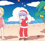  2girls bangs beach blue_eyes blue_sky boots brown_footwear closed_mouth clouds cold commentary confused cookie_(touhou) crab expressionless flat_color food frilled_swimsuit frills full_body green_eyes hat highres hisaka_(cookie) hita_(hizokuseikogeki) innertube joker_(cookie) looking_at_another looking_at_viewer mizuhashi_parsee multiple_girls ocean one-piece_swimsuit open_mouth outdoors palm_tree pink_swimsuit pointy_ears purple_hair remilia_scarlet sandals santa_costume santa_hat short_hair sky sun swimsuit taiyaki touhou tree trembling violet_eyes wagashi water waves 