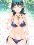  1girl bangs bare_arms bare_shoulders bikini blue_bikini breasts byleth_(fire_emblem) byleth_eisner_(female) closed_eyes commentary cowboy_shot etchimune facing_viewer fire_emblem fire_emblem:_three_houses green_hair hand_up jewelry large_breasts long_hair navel pendant pink_lips side-tie_bikini smile solo standing stomach swimsuit 