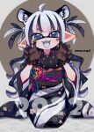  1girl 2022 animal_ears black_hair blush chinese_zodiac colored_tongue eyebrows_visible_through_hair fangs grey_eyes grey_hair grey_tongue inkling looking_at_viewer maco_spl multicolored_hair open_mouth pointy_ears short_hair smile solo splatoon_(series) tentacle_hair tiger_ears twitter_username year_of_the_tiger 