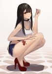  1girl absurdres bangs bare_shoulders black_choker black_hair blue_shorts breasts choker closed_mouth commentary eyebrows_visible_through_hair full_body hair_between_eyes hand_on_own_thigh hand_up hara_kenshi heart heart_print high_heels highres long_hair looking_at_viewer mole mole_under_mouth original pumps red_eyes red_footwear shirt shorts sidelocks simple_background solo squatting tank_top tattoo thighs white_background white_shirt 
