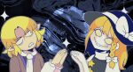  2girls abstract_background arm_warmers bangs black_shirt blonde_hair blue_headwear bow braid brown_jacket clenched_teeth colored_sclera commentary_request cookie_(touhou) dot_pupils grin hat hat_bow head_tilt hita_(hizokuseikogeki) jacket joker_(cookie) kirisame_marisa long_hair looking_at_viewer mizuhashi_parsee multiple_girls own_hands_together parody parted_bangs pointy_ears shirt short_hair side_braid single_braid smile star_(symbol) suzu_(cookie) teeth tophamhat-kyo touhou upper_body white_bow witch_hat yellow_sclera 