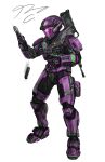  1girl absurdres battle_rifle bullpup commission english_commentary gun halo:_reach halo_(series) handgun helmet highres looking_down m392_marksman m6d pickledgear pistol power_armor profanity reloading rifle science_fiction solo spartan_(halo) weapon weapon_on_back white_background 