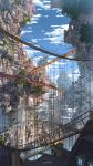  above_clouds architecture blue_sky bridge building cityscape clouds commentary_request day hanging_bridge highres ivy no_humans original outdoors pillar railing scenery signature sky waisshu_(sougyokyuu) window wooden_bridge 