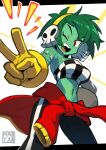  1girl ;d alternate_costume breasts clothes_around_waist colored_skin earrings gloves green_hair green_skin hairband hata4564 highres jacket jacket_around_waist jewelry medium_breasts navel one_eye_closed red_eyes rottytops shantae_(series) short_hair signature skull_earrings smile stitches strapless symbol-only_commentary tube_top v yellow_gloves zombie 