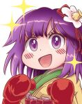  bangs blunt_bangs blush bow boxing_gloves chibi derivative_work flower green_kimono hair_flower hair_ornament happy hieda_no_akyuu japanese_clothes kimono open_mouth parody purple_hair red_bow red_skirt short_hair simple_background skirt sparkle touhou v-shaped_eyebrows violet_eyes white_background yellow_kimono 