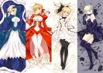  4girls ahoge armor armored_boots armored_dress artoria_pendragon_(all) bare_shoulders black_bow black_dress blonde_hair blue_bow blue_dress blush boots bow braid breasts brown_bow closed_mouth commentary_request dakimakura detached_sleeves dress facial_mark fate/extra fate/grand_order fate/stay_night fate/unlimited_codes fate_(series) gauntlets glowing green_eyes hair_bow hair_bun hair_intakes hair_ribbon highres juliet_sleeves knee_boots light_brown_hair long_sleeves looking_at_viewer medium_breasts multiple_girls nero_claudius_(fate) nero_claudius_(fate)_(all) parted_lips puffy_short_sleeves puffy_sleeves red_dress red_ribbon ribbon saber saber_alter saber_extra saber_lily short_sleeves sidelocks sleeveless sleeveless_dress sleeves_past_wrists small_breasts smile white_dress white_sleeves wide_sleeves 