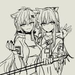  2girls absurdres animal_ear_fluff animal_ears arknights bangs chihuri choker collarbone elbow_gloves eyebrows_visible_through_hair fingerless_gloves gloves grey_background greyscale hair_between_eyes hair_ornament hairclip highres holding holding_sword holding_weapon jacket lappland_(arknights) long_sleeves looking_at_viewer monochrome multiple_girls navel open_clothes open_jacket parted_lips scar scar_across_eye sharp_teeth simple_background sketch strapless sword teeth texas_(arknights) weapon 