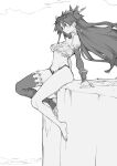  10mo 1girl arm_support breasts commentary_request detached_sleeves earrings fate/grand_order fate_(series) full_body greyscale highres hoop_earrings ishtar_(fate) jewelry long_hair medium_breasts monochrome navel single_thighhigh sitting solo thigh-highs toeless_legwear 