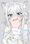  1girl absurdres amaris_yuri amaris_yuri_(artist) animal_ear_fluff animal_ears blush cat_ears cat_girl clothing_cutout cyberlive dress english_commentary fangs grey_background grey_dress grey_eyes grey_hair highres low_twintails meme open_mouth pov shoulder_cutout sketch solo_focus spit_out_my_fucking_hamster_(meme) tearing_up textless twintails virtual_youtuber 