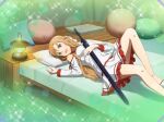  1girl :d asuna_(sao) bare_legs braid brown_eyes brown_hair dress french_braid game_cg holding holding_sword holding_weapon lantern lens_flare long_hair long_sleeves looking_at_viewer lying on_back on_bed pillow sheath sheathed short_dress smile solo sparkle sword sword_art_online sword_art_online:_alicization_rising_steel very_long_hair weapon white_dress 