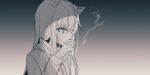  1girl absurdres animal_ear_fluff animal_ears arknights bangs chihuri cigarette ear_piercing eyebrows_visible_through_hair greyscale hair_between_eyes hand_up highres holding holding_cigarette jacket long_hair long_sleeves looking_away monochrome piercing smoke solo texas_(arknights) upper_body 