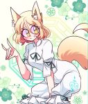  1girl animal_ear_fluff animal_ears bangs blonde_hair blush breasts cropped_legs eyebrows_visible_through_hair floral_background fox_ears fox_shadow_puppet fox_tail green_background green_ribbon hair_between_eyes highres kudamaki_tsukasa littlecloudie looking_to_the_side medium_breasts octagon ribbon romper slit_pupils smile solo squatting tail touhou unconnected_marketeers white_sleeves yellow_eyes 