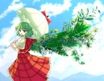  1girl bane_tukumo bangs blue_sky bow clouds commentary_request day eyebrows_visible_through_hair feet_out_of_frame from_side green_hair green_wings highres holding holding_umbrella kazami_yuuka leaf looking_at_viewer looking_back medium_hair open_mouth outdoors parasol plaid plaid_skirt plaid_vest plant plant_wings red_bow red_eyes red_skirt red_vest shirt short_hair short_sleeves skirt skirt_set sky smile solo standing touhou umbrella umbrella_bow vest wavy_hair white_shirt white_umbrella wings 