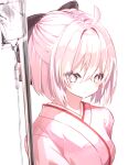  1girl absurdres ahoge bangs black_bow blonde_hair bow cherry_blossoms craz_yza day fate/grand_order fate_(series) floating_hair hair_between_eyes hair_bow hakama highres japanese_clothes kimono koha-ace long_sleeves looking_at_viewer okita_souji_(fate) okita_souji_(fate)_(all) okita_souji_(koha/ace) outdoors petals pink_flower pink_kimono red_hakama shiny shiny_hair short_hair smile solo standing wagashi wide_sleeves yellow_eyes 