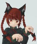  1girl animal_ear_fluff animal_ears bangs black_bow bow braid cat_ears closed_mouth commentary dress extra_ears eyebrows_visible_through_hair fang fang_out green_dress grey_background hair_bow hair_ribbon hands_up highres juliet_sleeves kaenbyou_rin kiritanpo117 light_smile long_hair long_sleeves looking_at_viewer paw_pose puffy_sleeves red_eyes red_ribbon redhead ribbon simple_background solo touhou tress_ribbon tsurime twin_braids twintails upper_body 
