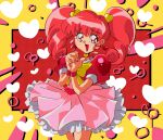  1990s_(style) 1girl absurdres bangs bow dress eyebrows_visible_through_hair hair_behind_ear heart highres looking_to_the_side magical_girl open_mouth ougon_yuusha_goldran pink_dress potiri02 redhead retro_artstyle sharanla_sheathluh smile solo twintails yellow_bow yuusha_series 
