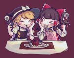  2girls :t @_@ apron bangs black_eyes black_vest blonde_hair blush bow brown_eyes brown_hair cannibalism closed_mouth colored_sclera commentary cookie_(touhou) cowboy_shot detached_sleeves eating eyeball food fork frilled_bow frilled_hair_tubes frills grater guro hair_bow hair_tubes hakurei_reimu hat hat_bow hita_(hizokuseikogeki) holding holding_fork kirisame_marisa long_hair looking_at_another meatball multiple_girls one_eye_closed pasta pink_apron red_background red_bow rurima_(cookie) shared_food shirt simple_background sleeveless sleeveless_shirt smile spaghetti spaghetti_and_meatballs star_(symbol) suzu_(cookie) touhou vest wavy_mouth white_bow white_sleeves yellow_sclera 