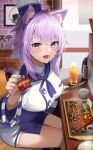  1girl :d animal_ear_fluff animal_ears bangs blue_hair blue_neckerchief blush breasts cat_ears cat_girl cat_tail commentary_request cup eyebrows_visible_through_hair food fork hat highres holding holding_fork hololive incoming_food knife large_breasts long_hair long_sleeves looking_at_viewer multicolored_hair neckerchief nekomata_okayu onigirya_(nekomata_okayu) purple_hair revision ribbon shirt shorts sitting smile solo sora_no_tori steak streaked_hair tail tail_ornament tail_ribbon violet_eyes virtual_youtuber white_shirt white_shorts 