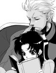  1boy 1girl archer_(fate) book dark-skinned_male dark_skin fate/stay_night fate_(series) greyscale hair_down holding holding_hair kissing_hair long_hair monochrome reading tattsun_(denden0417) tohsaka_rin two_side_up 