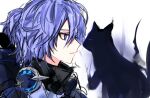  1227l227 1boy black_cat blue_eyes blue_hair cat elsword looking_at_another multicolored_hair noah_(elsword) pale_skin short_ponytail star_(symbol) 