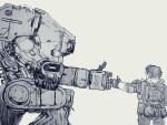  1boy bt-7274 fist_bump from_behind gloves greyscale jack_cooper kaiko_(user_twnz2337) looking_at_viewer mecha monochrome one-eyed one_knee pilot_suit piston scarf science_fiction thumbs_up titanfall_(series) titanfall_2 