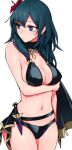  1girl bangs bare_arms bare_shoulders bikini black_bikini blue_eyes blue_hair breasts byleth_(fire_emblem) byleth_eisner_(female) commentary_request cowboy_shot dagger fire_emblem fire_emblem:_three_houses fire_emblem_heroes flower groin hair_between_eyes hair_flower hair_ornament hattori_(omegamega1001) knife large_breasts long_hair looking_to_the_side navel partial_commentary red_flower sheath sheathed simple_background solo standing stomach swimsuit weapon white_background 