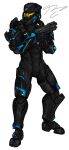  1boy absurdres commission english_commentary gun halo_(series) halo_5:_guardians helmet highres holding holding_gun holding_weapon looking_to_the_side m6d pickledgear power_armor science_fiction signature solo spartan_(halo) visor weapon white_background 