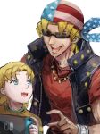  2boys american_flag black_jacket blonde_hair blue_eyes bracelet child controller facial_hair fingernails freckles game_console game_controller hatano_kiyoshi highres holding holding_controller holding_game_controller jacket jewelry keith_howard light_blue_eyes looking_at_another male_focus multiple_boys nintendo_switch open_clothes open_jacket open_mouth pointing simple_background sketch smile spiky_hair star_(symbol) star_print stubble sunglasses teeth tongue white_background yu-gi-oh! zipper 